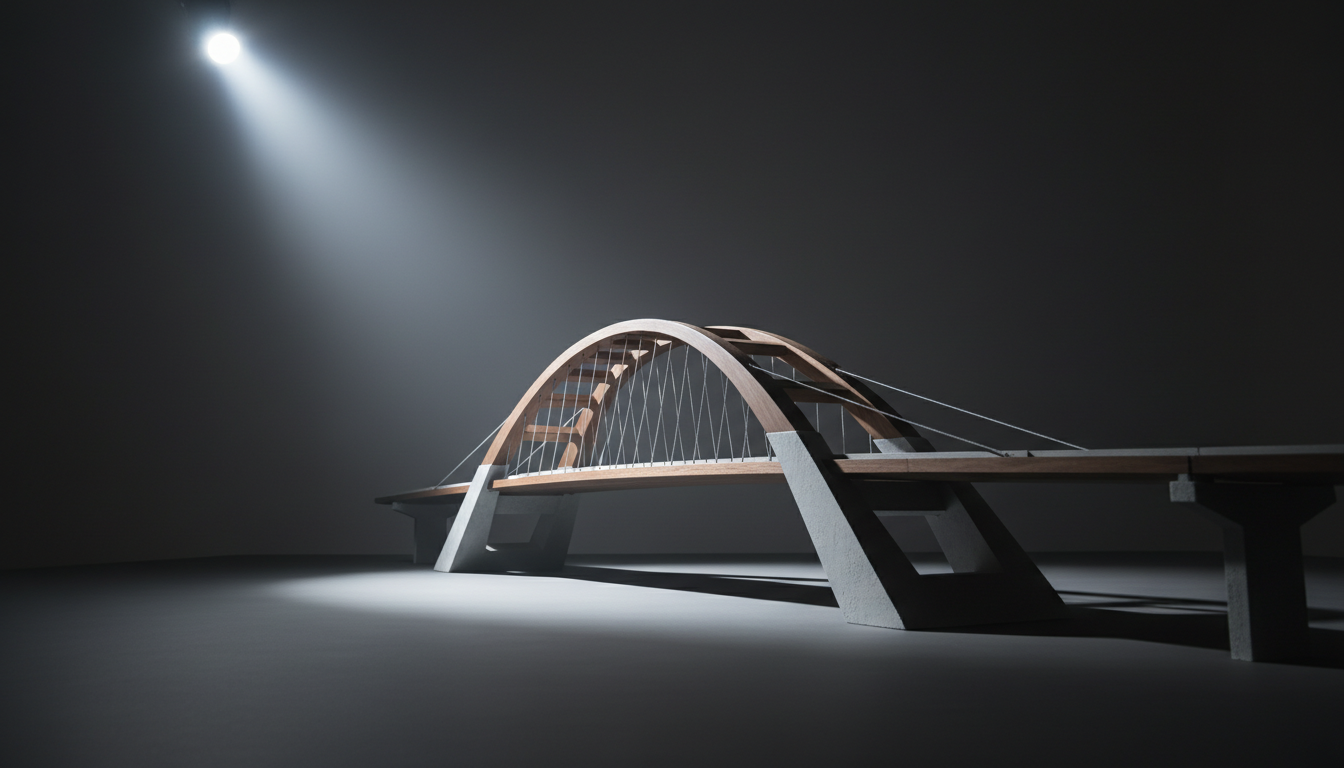 A modern, architectural model bridge made from matte concrete and rich walnut wood, its robust structure arching confidently across a bare, charcoal-grey platform. The structure’s elegant design features angled beams and tension cables, all details rendered with precision. A single, high-intensity LED spotlight from above tracks diagonally, projecting crisp, angular shadows beneath the bridge and onto the minimalist background. The shot is composed from a low, upward-facing angle, giving the bridge a heroic scale. The overall effect is both commanding and visionary, evoking unity and the power of connection—metaphors for uniting people through projects. The scene is modern, clean, and bold, with photographic realism and minimalist framing.