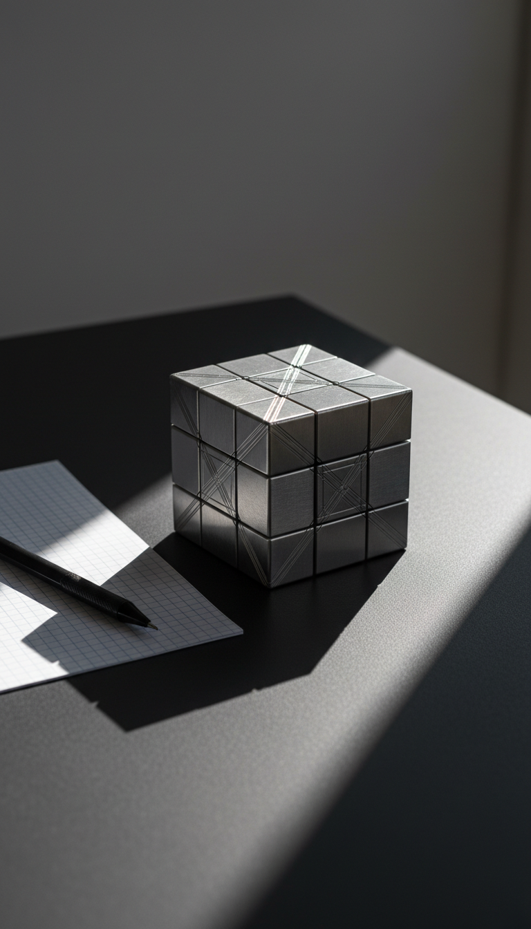 A high-precision steel puzzle cube, each segment meticulously crafted with brushed metallic surfaces and laser-etched lines, interlocking seamlessly. The cube is boldly centered on a matte black minimalist desk, devoid of clutter, with a crisp sheet of graph paper and a single graphite mechanical pencil nearby. A sharp directional spotlight from the right casts dramatic, geometric shadows across the desk, accentuating the cube’s sharp edges and surfaces. The mood is audacious and focused, conveying problem-solving excellence. Captured at a slightly elevated, eye-level angle with sharp focus throughout, this photographic realism emphasizes clean lines and a striking, modern aesthetic. This image represents tactical thinking and the intellectual challenge at the heart of project management.