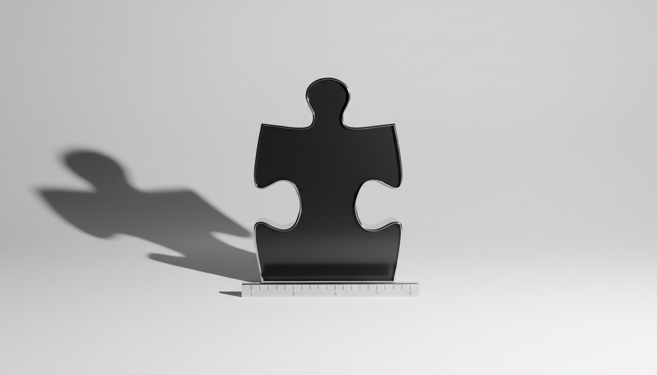 A large, matte black jigsaw puzzle piece with beveled glossy acrylic edges stands upright on a seamless white platform. The lone piece is bathed in intense, focused directional light from the left, casting a deep, dramatic shadow that stretches confidently across the blank background. Minimal props—a tiny metallic project timeline bar lying horizontally at the base—add a sense of mission without distraction. With a centered, symmetrical composition and sharp focus, the image communicates impact, precision, and the essence of solving complex problems. The mood is bold and unapologetic, using a photographic, high-contrast style to reinforce the strong personality of the brand.